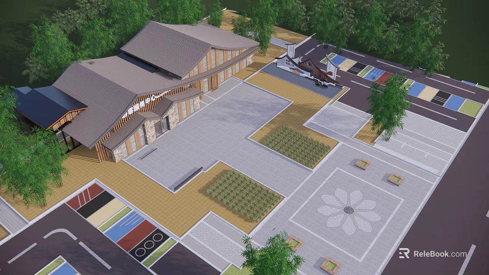 Traditional Style Building Complex With Courtyard Paved Areas And Greenery 3d model