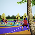 Outdoor Basketball Court With People Playing Basketball On Colorful Surface Surrounded By Trees And Sunlight