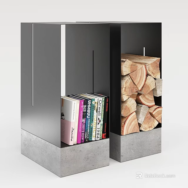Modern Metal and Concrete Storage Cabinet with Books and Firewood Logs Inside 3d model 