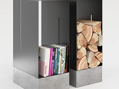 Modern Metal and Concrete Storage Cabinet with Books and Firewood Logs Inside 3d model