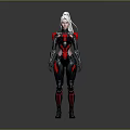 Futuristic Female Character In Black And Red Form Fitting Combat Suit With White Hair