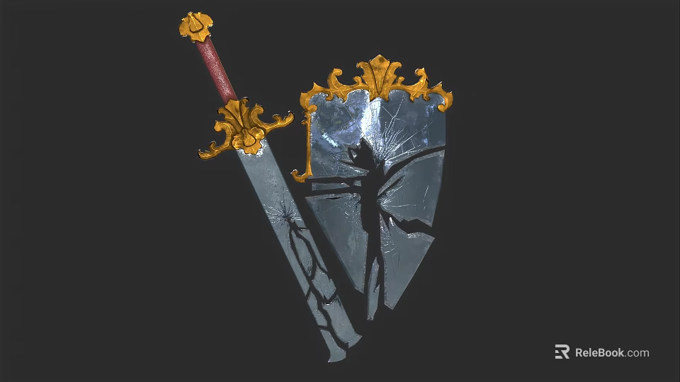 Medieval Fantasy Weapon Sword and Shield with Golden Ornaments Red Handle and Shattered Glass Design 3d model 