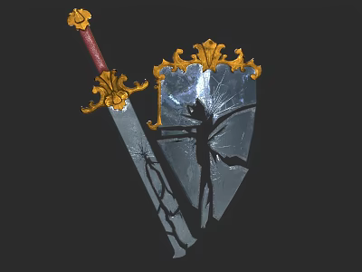 Medieval Fantasy Weapon Sword and Shield with Golden Ornaments Red Handle and Shattered Glass Design 3d model
