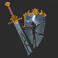 Medieval Fantasy Weapon Sword and Shield with Golden Ornaments Red Handle and Shattered Glass Design