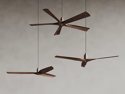 Three Stylish Modern Ceiling Fans With Wooden Blades Hanging From Ceiling Against Gray Wall Background 3d model