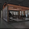 Modern Chinese Tea Room Interior With Wooden Table Glass Partition And Pine Bonsai