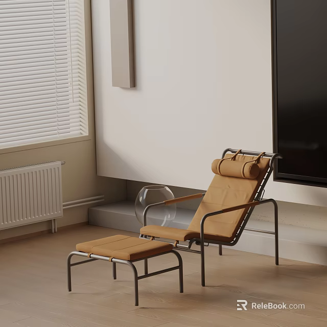 Brown Cushioned Lounge Chair with Metal Frame and Ottoman Indoor with TV and Window Blinds 3d model 