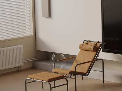 Brown Cushioned Lounge Chair with Metal Frame and Ottoman Indoor with TV and Window Blinds 3d model