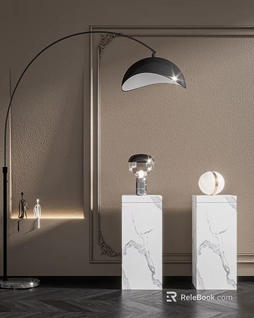 Modern Lighting Combination With Arched Black Lamp And Spherical Silver Lamps On Marble Pedestals 3d model 