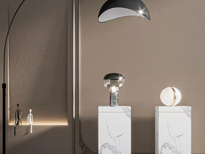 Modern Lighting Combination With Arched Black Lamp And Spherical Silver Lamps On Marble Pedestals 3d model