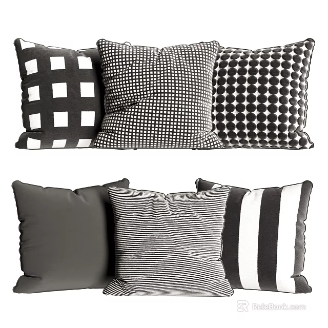 Black and White Patterned Decorative Pillows with Checkerboard Polka Dot and Striped Designs 3d model 