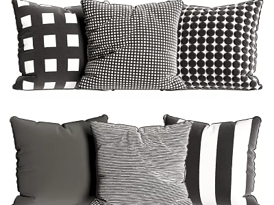 Black and White Patterned Decorative Pillows with Checkerboard Polka Dot and Striped Designs 3d model