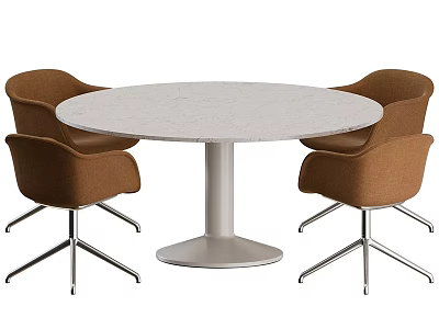Modern Round Dining Table Set With White Tabletop Four Brown Chairs And Metal Legs 3d model