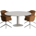 Modern Round Dining Table Set With White Tabletop Four Brown Chairs And Metal Legs