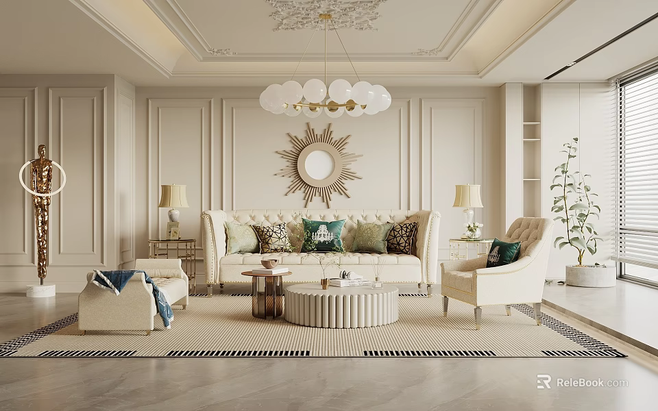 Elegant Modern Living Room With Beige Sofa Armchair Round Coffee Table Chandelier Mirror Rug 3d model 