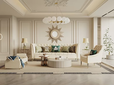 Elegant Modern Living Room With Beige Sofa Armchair Round Coffee Table Chandelier Mirror Rug 3d model