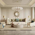 Elegant Modern Living Room With Beige Sofa Armchair Round Coffee Table Chandelier Mirror Rug