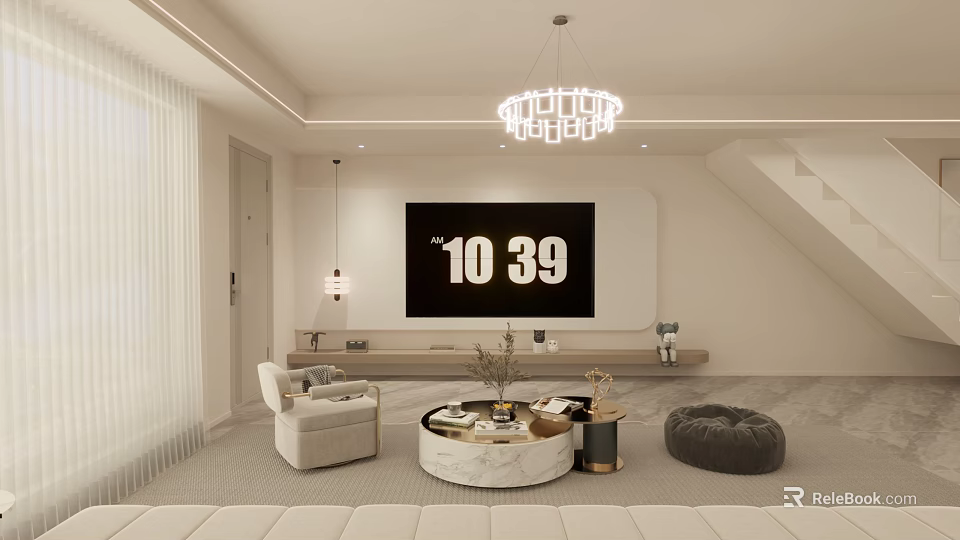 Modern Minimalist Cream Tone Living Room With Large TV And Marble Round Coffee Table 3d model 