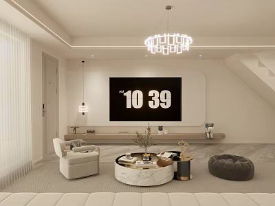 Modern Minimalist Cream Tone Living Room With Large TV And Marble Round Coffee Table 3d model
