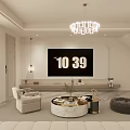 Modern Minimalist Cream Tone Living Room With Large TV And Marble Round Coffee Table