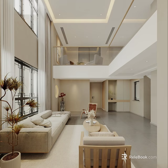 Modern Spacious Duplex Living Room With Sofas Plants And Coffee Table 3d model 