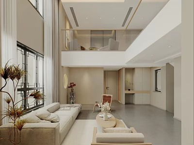 Modern Spacious Duplex Living Room With Sofas Plants And Coffee Table 3d model