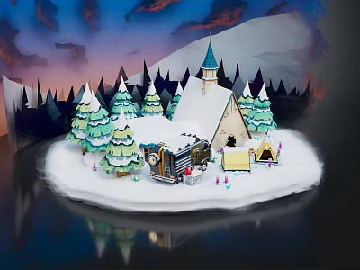 Cartoon Winter Scene With Snow Covered Cottage Pointed Roof Pine Trees And Snowy Ground 3d model