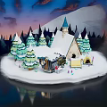 Cartoon Winter Scene With Snow Covered Cottage Pointed Roof Pine Trees And Snowy Ground