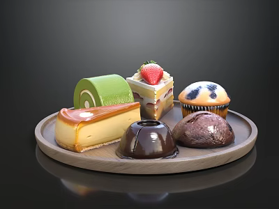 Assorted Desserts On Wooden Tray Including Green Roll Cake Strawberry Topped Square And Blueberry Muffin 3d model
