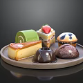 Assorted Desserts On Wooden Tray Including Green Roll Cake Strawberry Topped Square And Blueberry Muffin