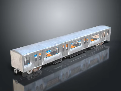 Modern Silver Train Model with Multiple Carriages and Windows Showing Interior Details on Reflective Surface 3d model
