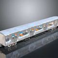 Modern Silver Train Model with Multiple Carriages and Windows Showing Interior Details on Reflective Surface
