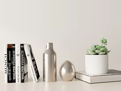 Decorative Ornament Set With Books Silver Bottle Egg Shaped Ornament And Succulent In White Pot 3d model