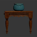 Reddish Brown Wooden Square Table with Carved Details Drawer and Blue Ceramic Jar on Top