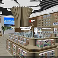 Modern Retail Store Interior With Shelves Display Counters Cloud Ceiling And Large Screen 3d model