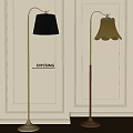 Modern Floor Lamps With Black Pleated And Beige Scalloped Shades For Paneled Wall Interior