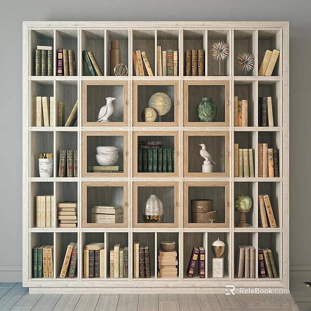 Stylish Multi Shelf Bookshelf With Books Decorative Figurines Globe And Vase 3d model 