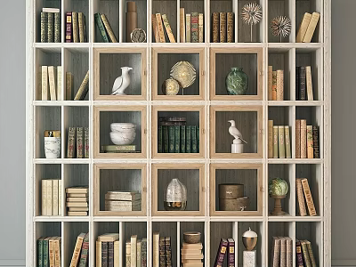 Stylish Multi Shelf Bookshelf With Books Decorative Figurines Globe And Vase 3d model
