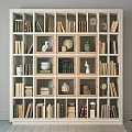 Stylish Multi Shelf Bookshelf With Books Decorative Figurines Globe And Vase