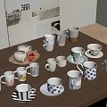 Assorted Colorful Patterned Ceramic Cups Displayed On Wooden Table Surface