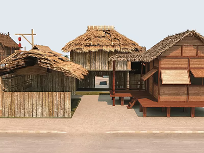 Traditional Thatched Houses With Wooden Structure Porch Steps And Rural Village Design 3d model