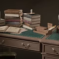 Vintage Wooden Desk with Stacked Books Antique Lamps and Leather Chair