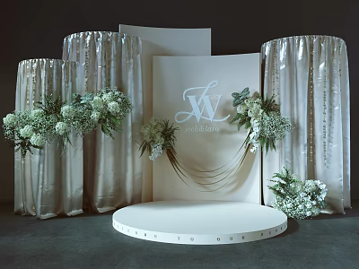 Elegant Floral Decor Setup With Silver Curtains White Backdrop And Round Stage 3d model