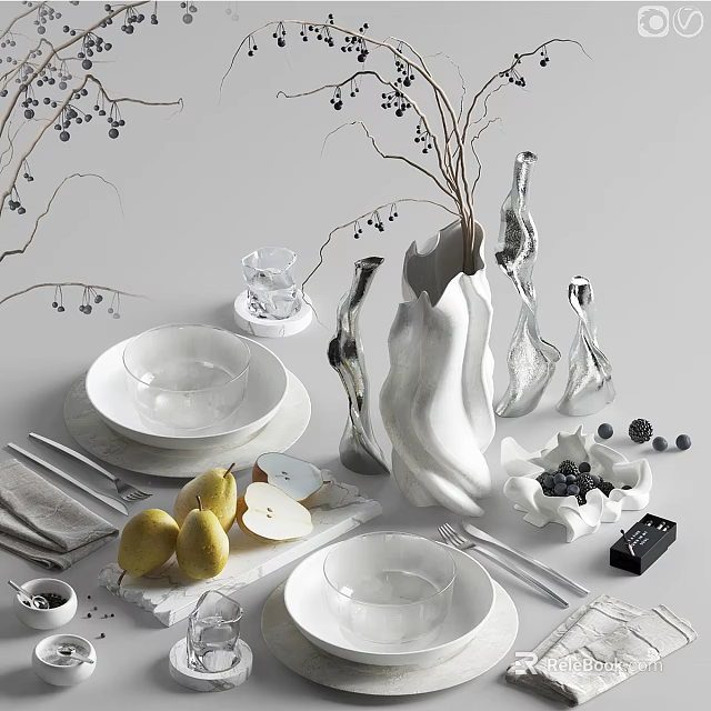 Elegant Modern Decorative Ornament Set With White Ceramic Vase Plates Fresh Fruits And Twigs 3d model 
