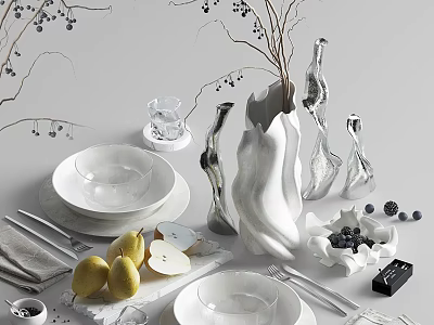 Elegant Modern Decorative Ornament Set With White Ceramic Vase Plates Fresh Fruits And Twigs 3d model