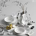 Elegant Modern Decorative Ornament Set With White Ceramic Vase Plates Fresh Fruits And Twigs