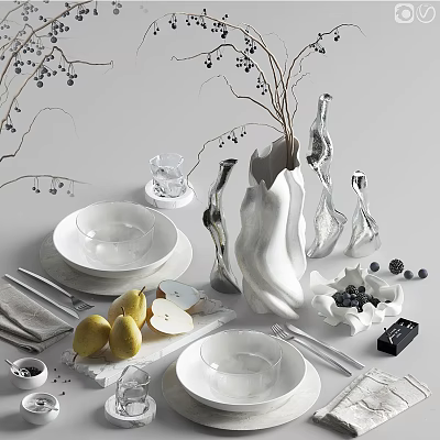 Elegant Modern Decorative Ornament Set With White Ceramic Vase Plates Fresh Fruits And Twigs 3d model