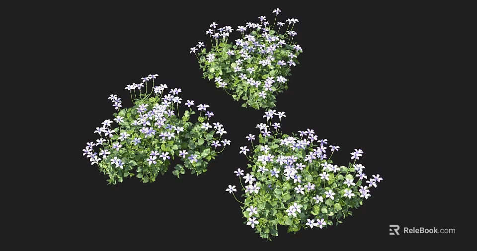 Three Clusters of Green Plants With Purple Flowers on Black Background 3d model 