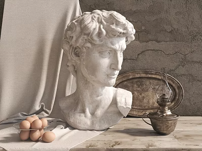 Classical Marble Bust Sculpture On Wooden Table With Textured Wall Cloth Eggs And Metal Tray 3d model