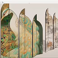 Chinese Style Decorative Screen Featuring Peacock Patterns and Landscape Architecture Paintings 3d model